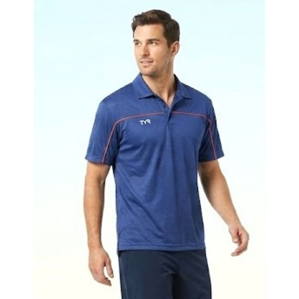 Men's TYR Polo Shirt XL Dark Blue Red Piping Sports Casual 100% Poly